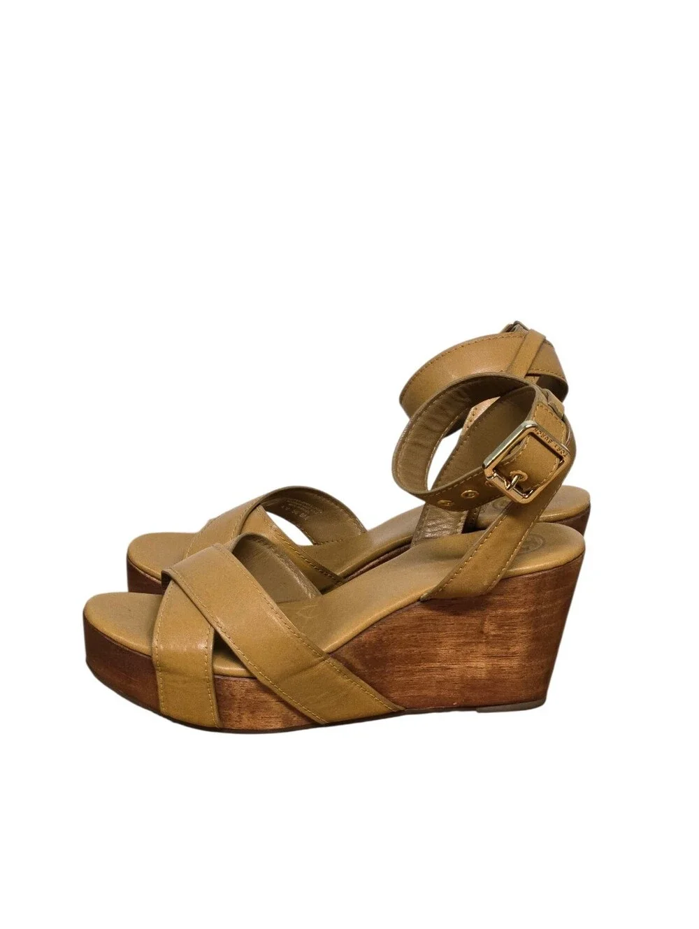 Tory Burch Almita Sandals Women's Size 8 Leather Ankle Strap Wooden Heel Wedges